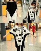 Punk Style Skull Pattern Tassel Loose Batwing T-shirt