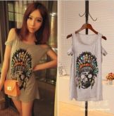 Womens Vintage Indian Skull Print Cold Shoulder Tee Shirt To
