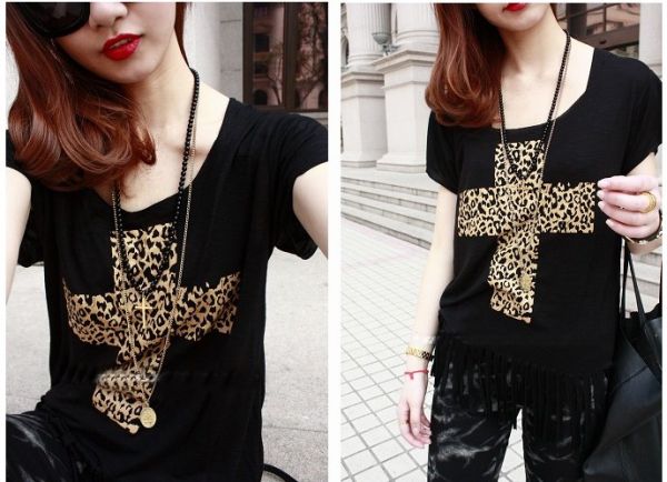 Leopard Cross Tassel T-shirt Black
