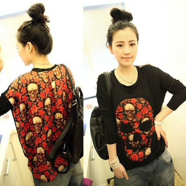 WOMEN PUNK SKULL PRINTING LONG-SLEEVE T-SHIRT