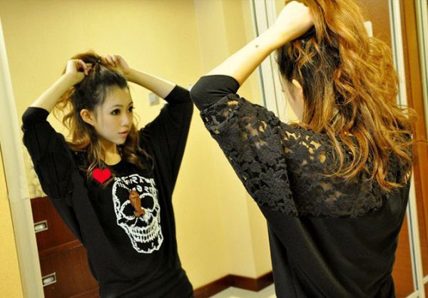Fashion Women Lady Lace Cool Skull pattern Batwing Sleeve
