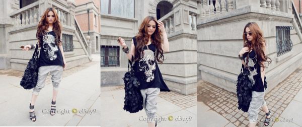 Girl Korean Round Neck Punk Skull Sequin Tops Asymmetrical