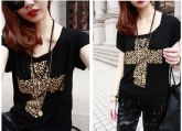 Leopard Cross Tassel T-shirt Black