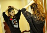 Fashion Women Lady Lace Cool Skull pattern Batwing Sleeve